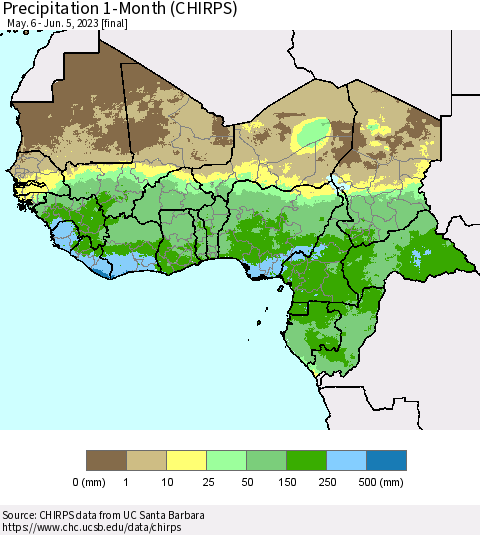 Western Africa Precipitation 1-Month (CHIRPS) Thematic Map For 5/6/2023 - 6/5/2023