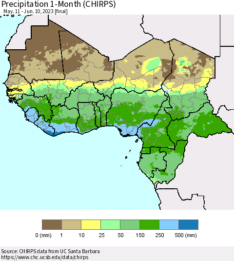 Western Africa Precipitation 1-Month (CHIRPS) Thematic Map For 5/11/2023 - 6/10/2023