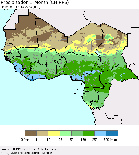 Western Africa Precipitation 1-Month (CHIRPS) Thematic Map For 5/16/2023 - 6/15/2023
