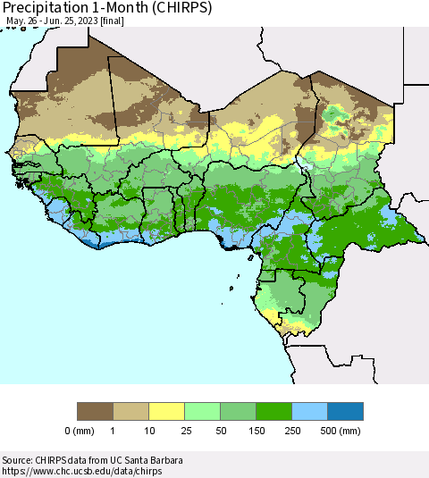 Western Africa Precipitation 1-Month (CHIRPS) Thematic Map For 5/26/2023 - 6/25/2023