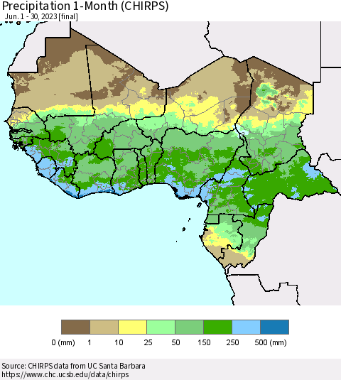 Western Africa Precipitation 1-Month (CHIRPS) Thematic Map For 6/1/2023 - 6/30/2023