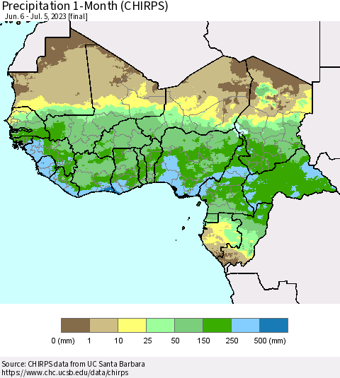 Western Africa Precipitation 1-Month (CHIRPS) Thematic Map For 6/6/2023 - 7/5/2023