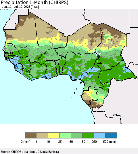 Western Africa Precipitation 1-Month (CHIRPS) Thematic Map For 6/11/2023 - 7/10/2023