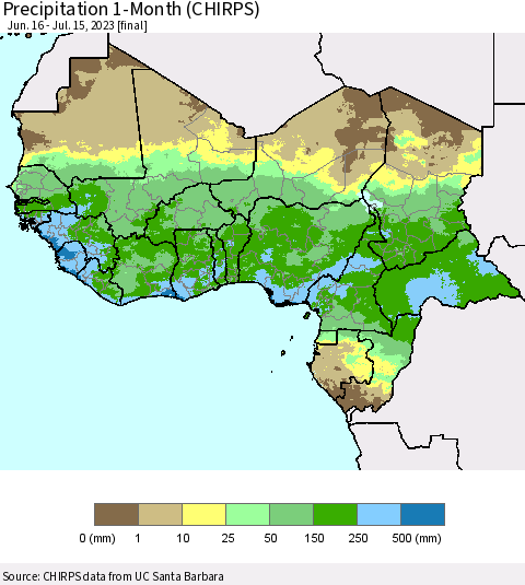 Western Africa Precipitation 1-Month (CHIRPS) Thematic Map For 6/16/2023 - 7/15/2023