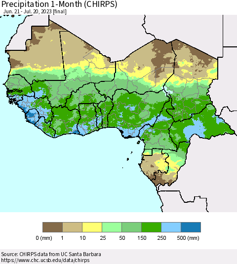 Western Africa Precipitation 1-Month (CHIRPS) Thematic Map For 6/21/2023 - 7/20/2023