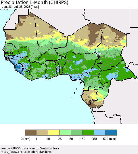 Western Africa Precipitation 1-Month (CHIRPS) Thematic Map For 6/26/2023 - 7/25/2023