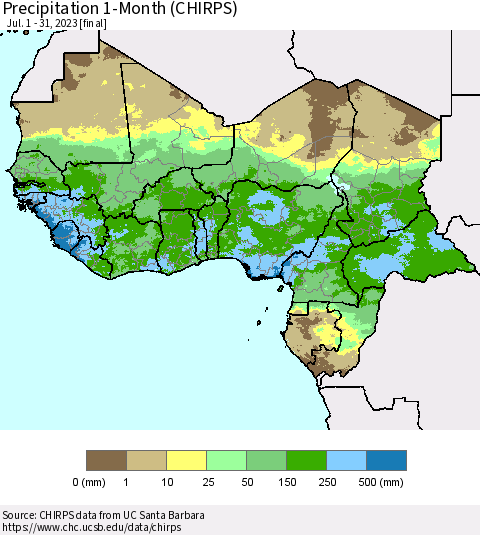 Western Africa Precipitation 1-Month (CHIRPS) Thematic Map For 7/1/2023 - 7/31/2023