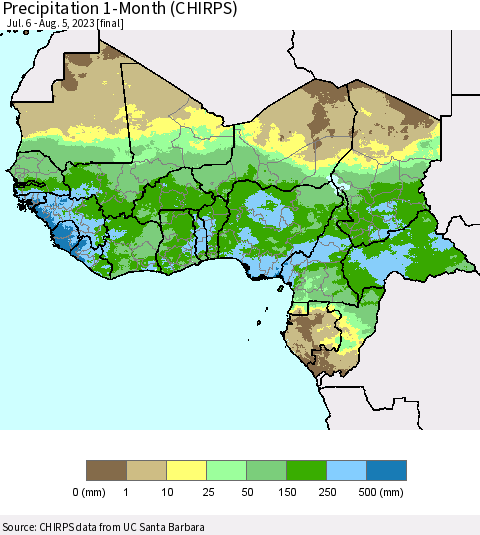 Western Africa Precipitation 1-Month (CHIRPS) Thematic Map For 7/6/2023 - 8/5/2023
