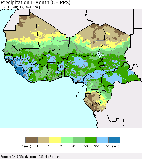 Western Africa Precipitation 1-Month (CHIRPS) Thematic Map For 7/11/2023 - 8/10/2023
