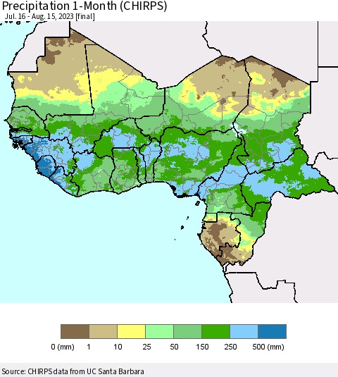 Western Africa Precipitation 1-Month (CHIRPS) Thematic Map For 7/16/2023 - 8/15/2023
