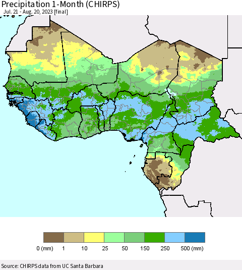 Western Africa Precipitation 1-Month (CHIRPS) Thematic Map For 7/21/2023 - 8/20/2023