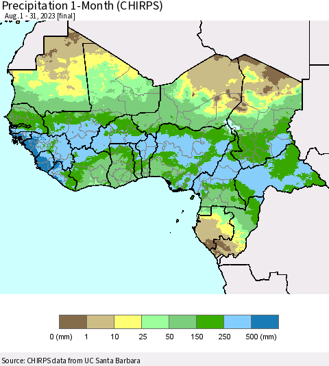 Western Africa Precipitation 1-Month (CHIRPS) Thematic Map For 8/1/2023 - 8/31/2023