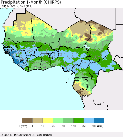 Western Africa Precipitation 1-Month (CHIRPS) Thematic Map For 8/6/2023 - 9/5/2023