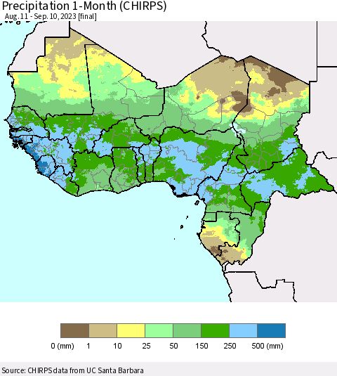 Western Africa Precipitation 1-Month (CHIRPS) Thematic Map For 8/11/2023 - 9/10/2023