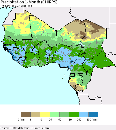Western Africa Precipitation 1-Month (CHIRPS) Thematic Map For 8/16/2023 - 9/15/2023