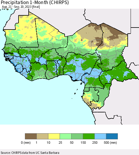 Western Africa Precipitation 1-Month (CHIRPS) Thematic Map For 8/21/2023 - 9/20/2023