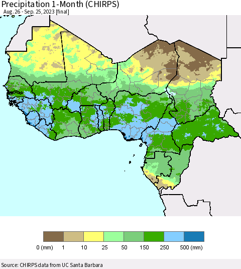 Western Africa Precipitation 1-Month (CHIRPS) Thematic Map For 8/26/2023 - 9/25/2023