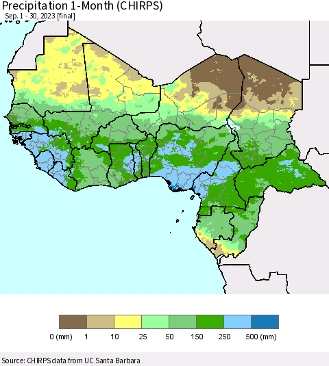 Western Africa Precipitation 1-Month (CHIRPS) Thematic Map For 9/1/2023 - 9/30/2023