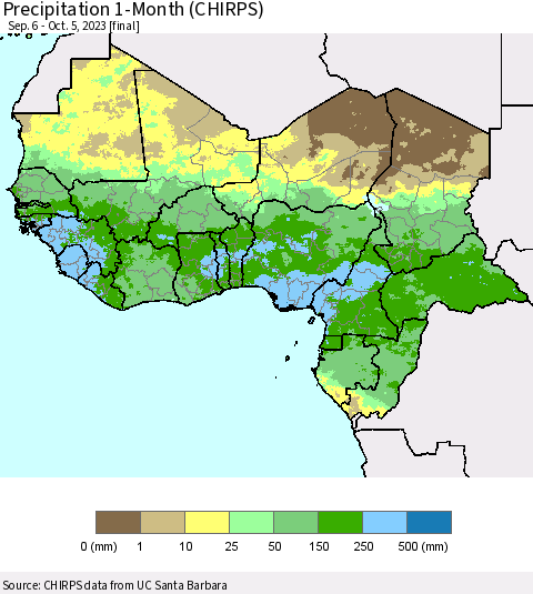 Western Africa Precipitation 1-Month (CHIRPS) Thematic Map For 9/6/2023 - 10/5/2023