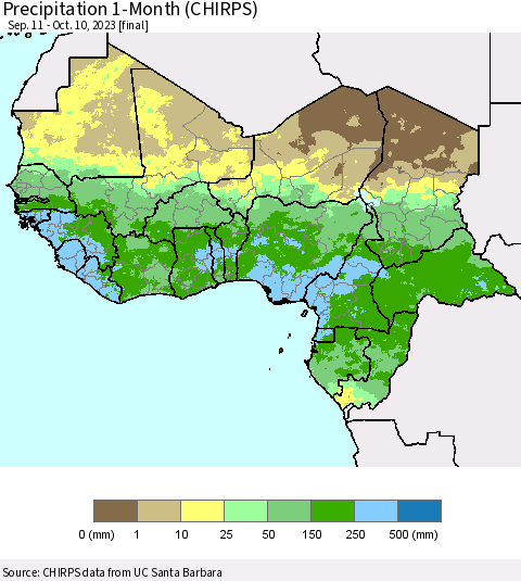 Western Africa Precipitation 1-Month (CHIRPS) Thematic Map For 9/11/2023 - 10/10/2023