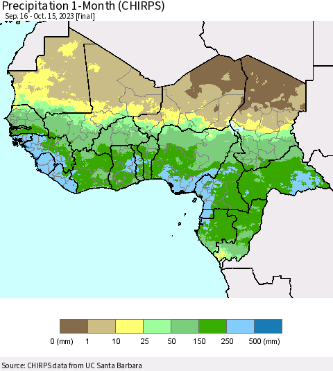 Western Africa Precipitation 1-Month (CHIRPS) Thematic Map For 9/16/2023 - 10/15/2023