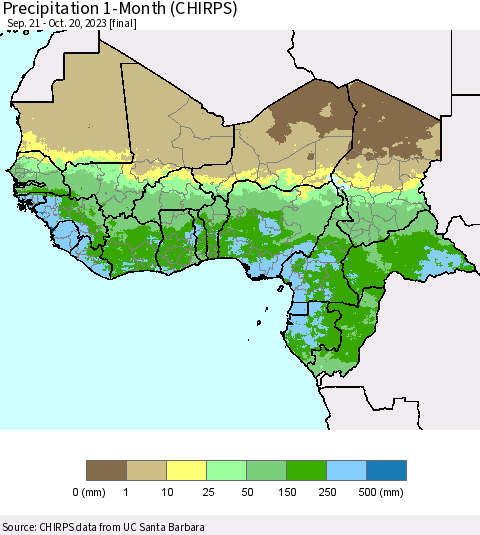 Western Africa Precipitation 1-Month (CHIRPS) Thematic Map For 9/21/2023 - 10/20/2023