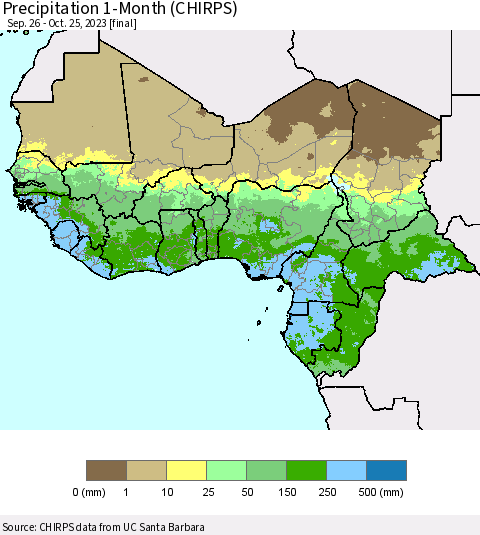 Western Africa Precipitation 1-Month (CHIRPS) Thematic Map For 9/26/2023 - 10/25/2023