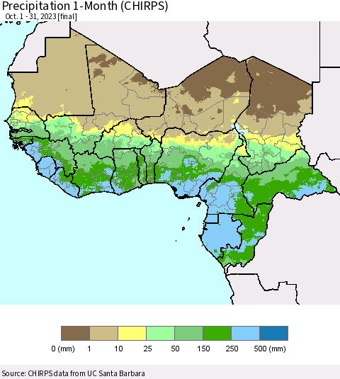 Western Africa Precipitation 1-Month (CHIRPS) Thematic Map For 10/1/2023 - 10/31/2023