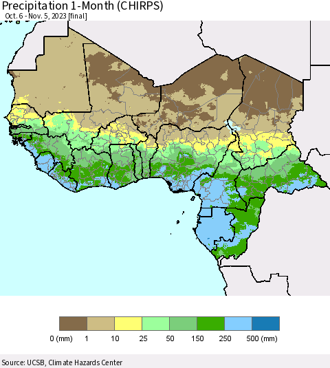 Western Africa Precipitation 1-Month (CHIRPS) Thematic Map For 10/6/2023 - 11/5/2023