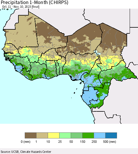 Western Africa Precipitation 1-Month (CHIRPS) Thematic Map For 10/11/2023 - 11/10/2023