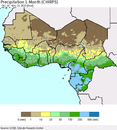 Western Africa Precipitation 1-Month (CHIRPS) Thematic Map For 10/16/2023 - 11/15/2023