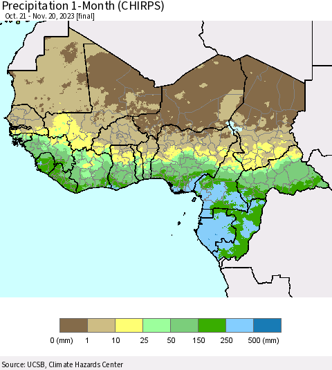 Western Africa Precipitation 1-Month (CHIRPS) Thematic Map For 10/21/2023 - 11/20/2023