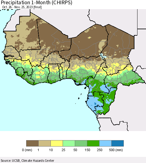 Western Africa Precipitation 1-Month (CHIRPS) Thematic Map For 10/26/2023 - 11/25/2023