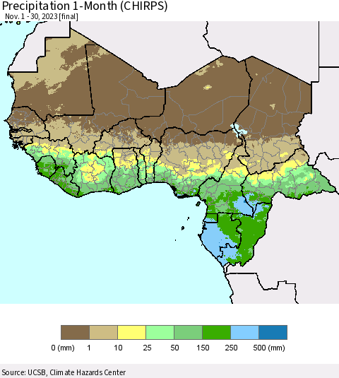 Western Africa Precipitation 1-Month (CHIRPS) Thematic Map For 11/1/2023 - 11/30/2023
