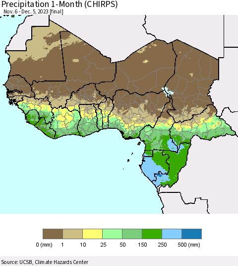 Western Africa Precipitation 1-Month (CHIRPS) Thematic Map For 11/6/2023 - 12/5/2023