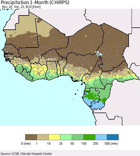 Western Africa Precipitation 1-Month (CHIRPS) Thematic Map For 11/26/2023 - 12/25/2023