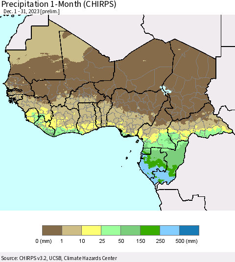 Western Africa Precipitation 1-Month (CHIRPS) Thematic Map For 12/1/2023 - 12/31/2023