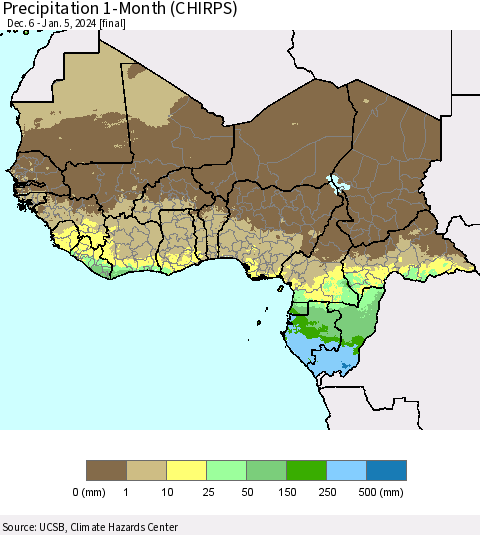 Western Africa Precipitation 1-Month (CHIRPS) Thematic Map For 12/6/2023 - 1/5/2024