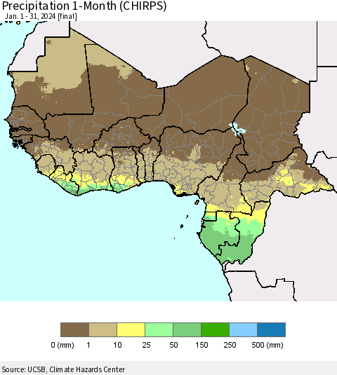 Western Africa Precipitation 1-Month (CHIRPS) Thematic Map For 1/1/2024 - 1/31/2024