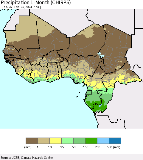 Western Africa Precipitation 1-Month (CHIRPS) Thematic Map For 1/26/2024 - 2/25/2024