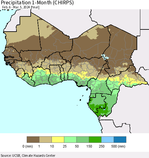 Western Africa Precipitation 1-Month (CHIRPS) Thematic Map For 2/6/2024 - 3/5/2024
