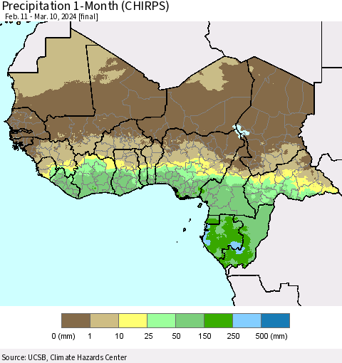 Western Africa Precipitation 1-Month (CHIRPS) Thematic Map For 2/11/2024 - 3/10/2024
