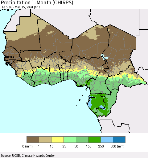 Western Africa Precipitation 1-Month (CHIRPS) Thematic Map For 2/16/2024 - 3/15/2024