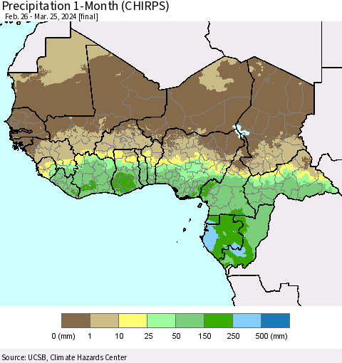 Western Africa Precipitation 1-Month (CHIRPS) Thematic Map For 2/26/2024 - 3/25/2024