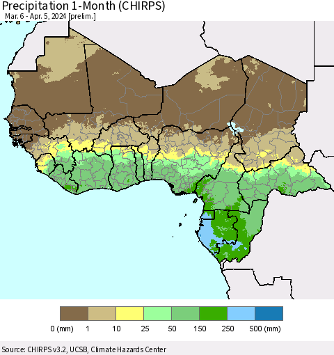 Western Africa Precipitation 1-Month (CHIRPS) Thematic Map For 3/6/2024 - 4/5/2024