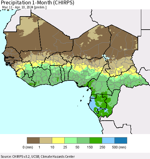 Western Africa Precipitation 1-Month (CHIRPS) Thematic Map For 3/11/2024 - 4/10/2024