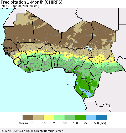 Western Africa Precipitation 1-Month (CHIRPS) Thematic Map For 3/21/2024 - 4/20/2024