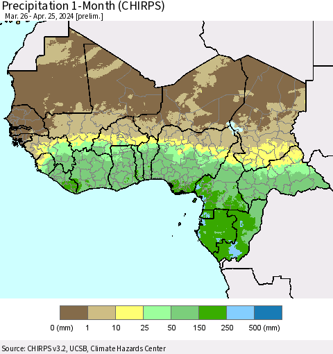 Western Africa Precipitation 1-Month (CHIRPS) Thematic Map For 3/26/2024 - 4/25/2024