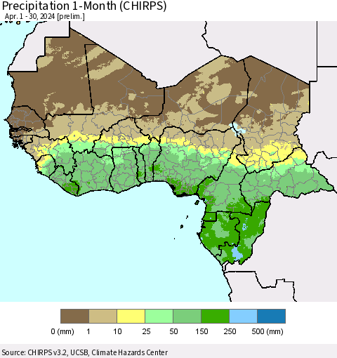 Western Africa Precipitation 1-Month (CHIRPS) Thematic Map For 4/1/2024 - 4/30/2024