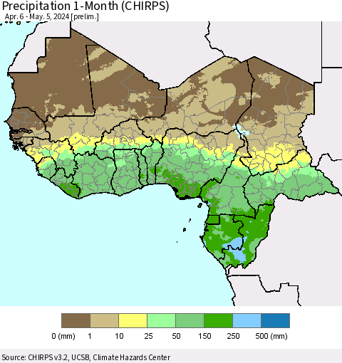 Western Africa Precipitation 1-Month (CHIRPS) Thematic Map For 4/6/2024 - 5/5/2024